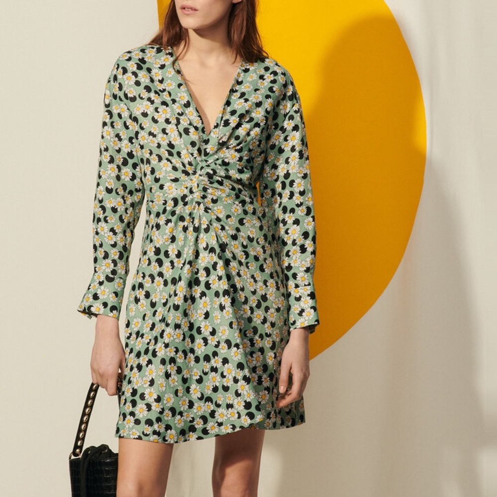 Sandro Angele Floral Print Polka Dot Linen Mini Dress Sage Green